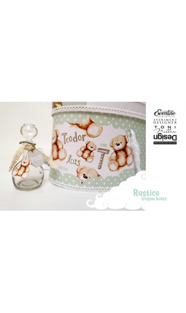 Trusou de botez cu ursuletul brun si buline pe fundal verde menta, Rustico 13